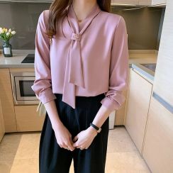 3 Colors Chiffon shirt fashion office style tie loose all match long sleeved top
